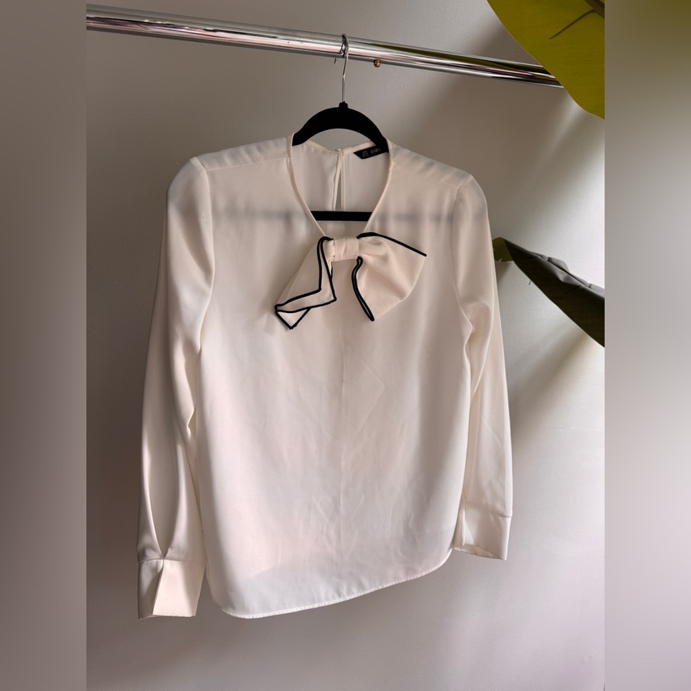 Zara Cream Long Sleeve Tie Front Blouse